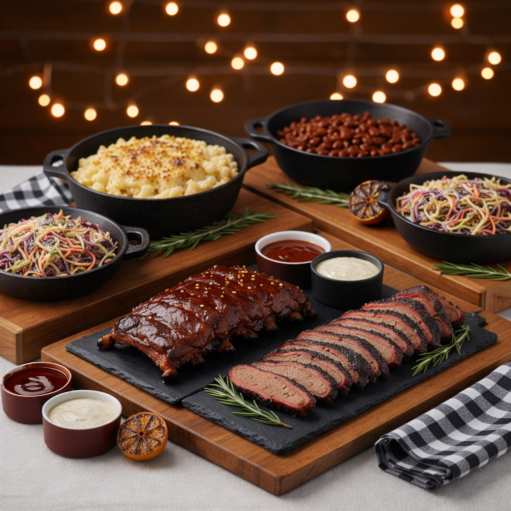 services-section-bbq-image A polished, high-quality square photo showing a catered BBQ spread with ribs, brisket, and sides on rustic serving trays at an event, warm lighting, styled to match a burgundy, white, black, and gray brand palette for a professional Atlanta barbecue catering company.
