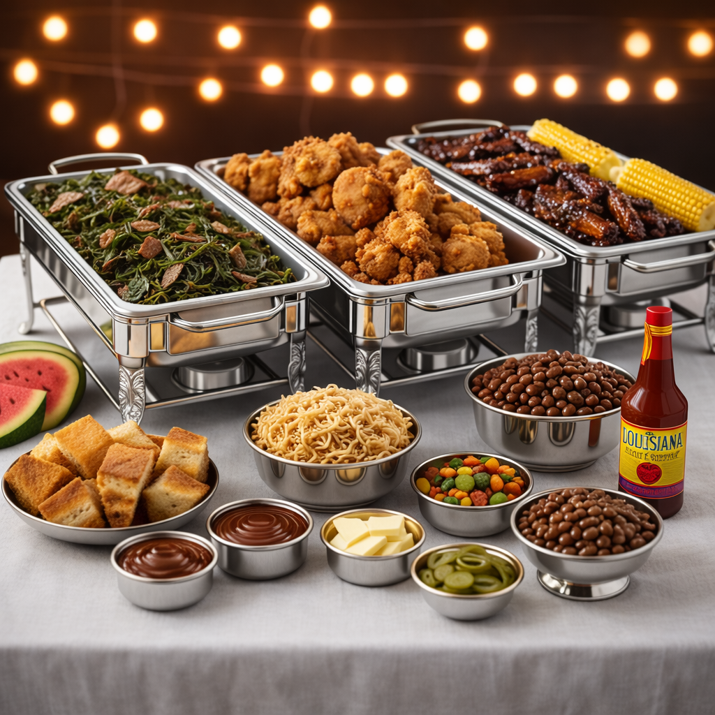 services-section-bbq-image A polished, high-quality square photo showing a catered BBQ spread with ribs, brisket, and sides on rustic serving trays at an event, warm lighting, styled to match a burgundy, white, black, and gray brand palette for a professional Atlanta barbecue catering company.