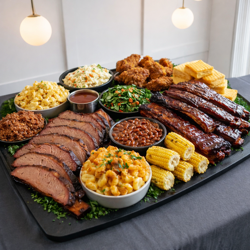 An elegantly styled BBQ catering station designed for an upscale event, featuring a long, charcoal-gray linen-draped table topped with uniform black slate serving boards. Perfectly sliced brisket, neatly fanned ribs, and artfully stacked grilled vegetables create structured, visually pleasing lines. Small brushed metal sauce pitchers and minimalist signage reinforce a polished aesthetic. The setting is inside a modern venue with clean white walls and subtle architectural lines, softly illuminated by warm pendant lighting that casts gentle, controlled shadows. Captured from a slightly elevated angle with a balanced, rule-of-thirds composition, the photograph has sharp focus throughout and a clean, professional, photographic realism that conveys seamless coordination and high-end service without any visible people.