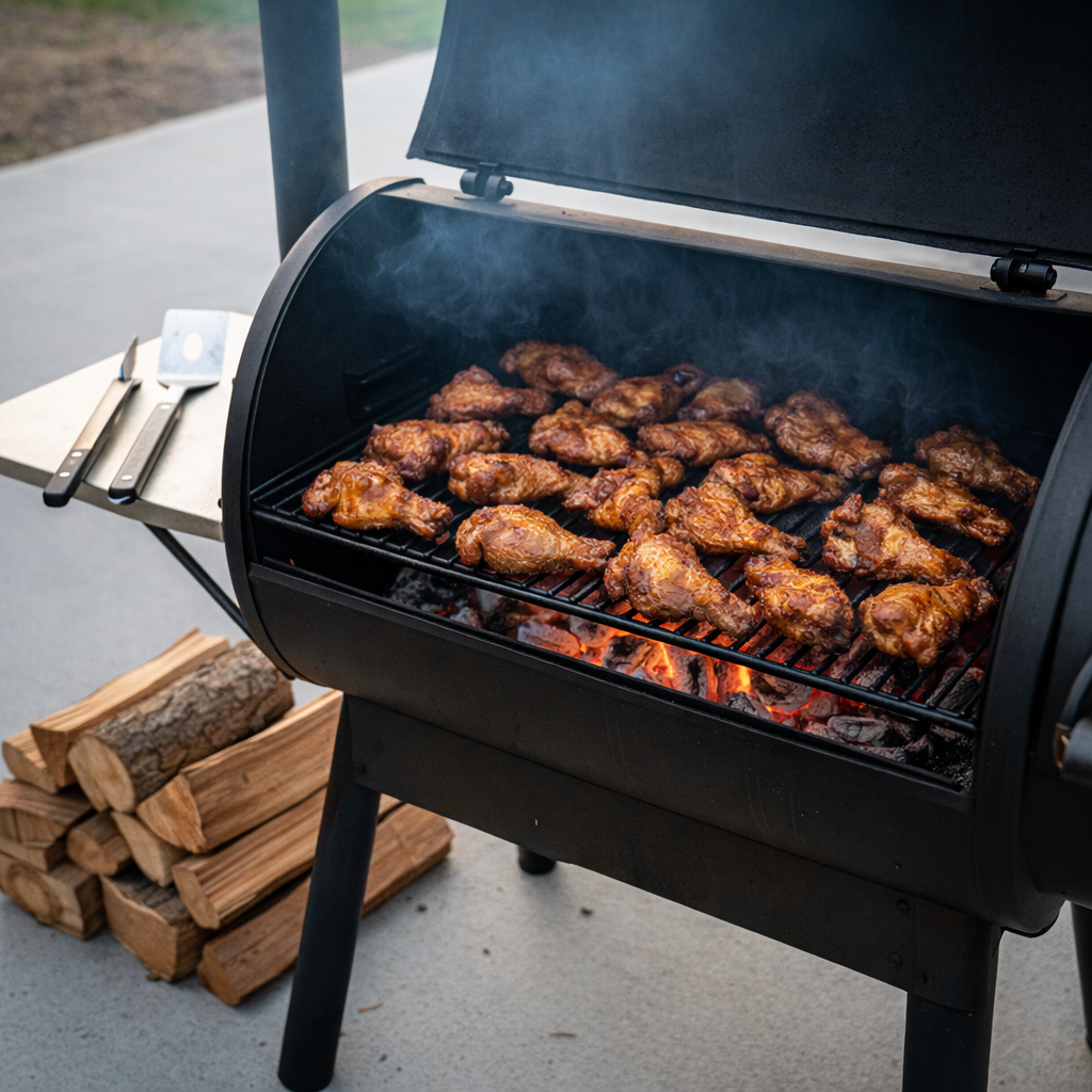 A close-up of a heavy-duty, matte black offset smoker with its lid open, revealing rows of perfectly arranged ribs, sausages, and thick-cut brisket slowly cooking over glowing coals. Wisps of bluish smoke curl upward, contrasting against the dark steel surface textured with faint heat marks. The smoker sits on a smooth concrete patio beside a neat stack of split hardwood logs and stainless-steel BBQ tools resting on a small side shelf. Late afternoon golden-hour sunlight grazes across the metal, catching edges and creating a warm, inviting shimmer. Shot from a slightly low angle with shallow depth of field, the image emphasizes craftsmanship, precision, and a professional, no-nonsense barbecue operation in realistic, documentary-style photography.