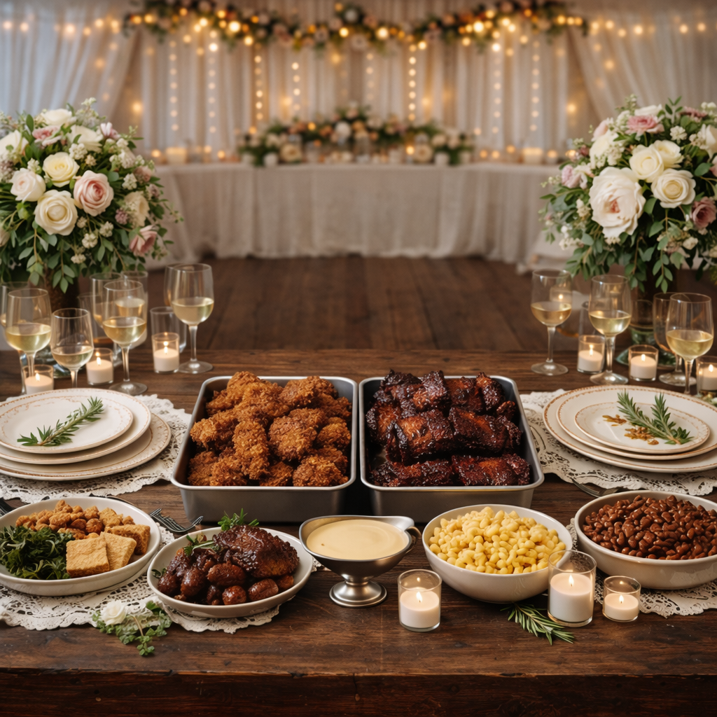 BBQ catering A detailed overhead view of custom BBQ catering menu options laid out on a dark wooden table, including branded kraft takeout boxes, neatly labeled sauce containers, and organized trays of smoked meats and sides. Each item is precisely positioned to form a cohesive grid, with utensils bundled in black cloth napkins and a clipboard holding a printed sample menu off to one side. Soft, diffused studio lighting eliminates harsh shadows and brings out the rich browns, deep reds, and warm golds of the food and packaging. The mood is organized and intentional, highlighting planning and logistics. Photographic realism with a flat-lay composition emphasizes clarity and structure, ideal for showcasing how easily the catering service scales from small gatherings to large events.