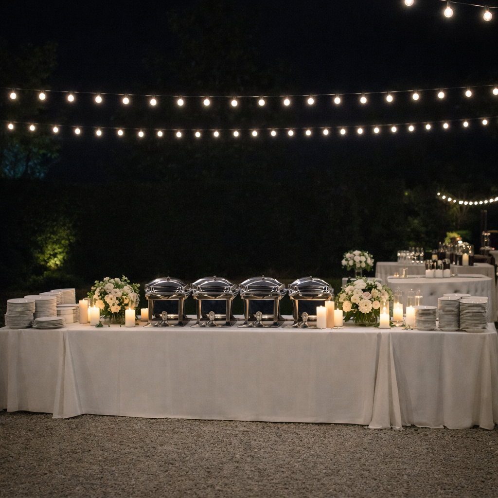 BBQ catering A nighttime BBQ event setup showcasing a polished mobile catering station built into a matte black trailer with subtle branding. The serving window is open, revealing stainless-steel warming drawers, neatly arranged sauce bottles, and a row of covered chafing dishes ready for service. String lights are suspended above, casting a warm, even glow across the trailer and the clean gravel surface below, with soft reflections dancing on the metal surfaces. In the midground, folding buffet tables draped in dark linens are arranged in a precise L-shape. Captured from a three-quarter angle with moderate depth of field in crisp photographic realism, the atmosphere feels professional, reliable, and prepared for late-evening corporate functions or private celebrations, all without showing any people.